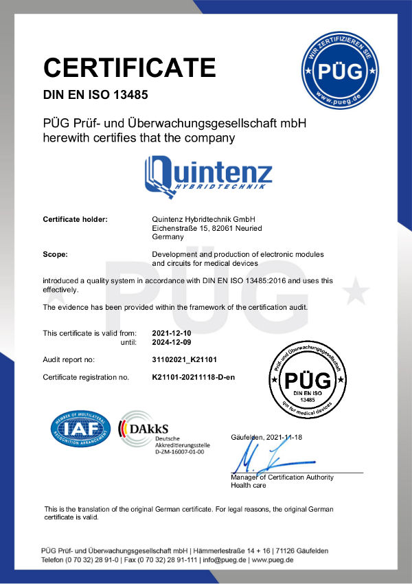 The Quality Management of the Quintenz Hybridtechnik GmbH is certificated under ISO-13485