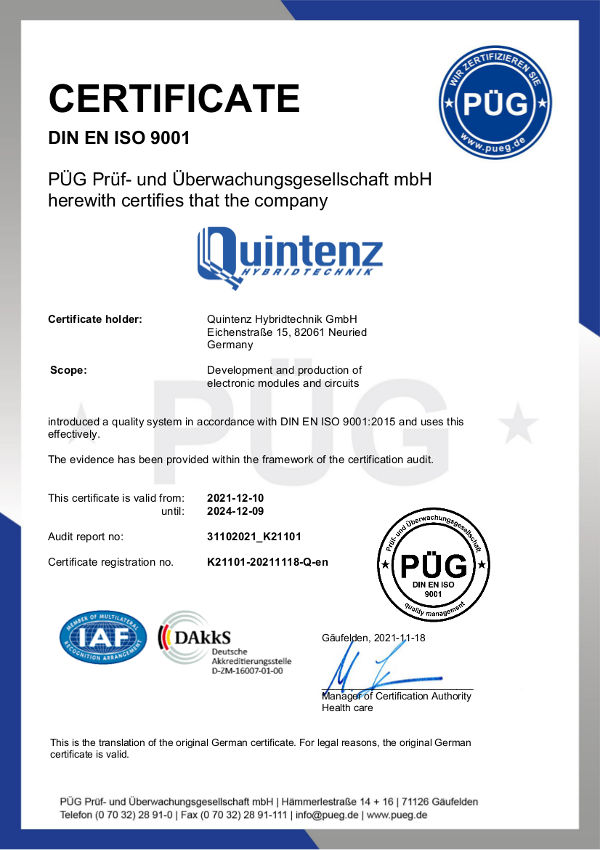 The Quality Management of the Quintenz Hybridtechnik GmbH is certificated under ISO-9001
